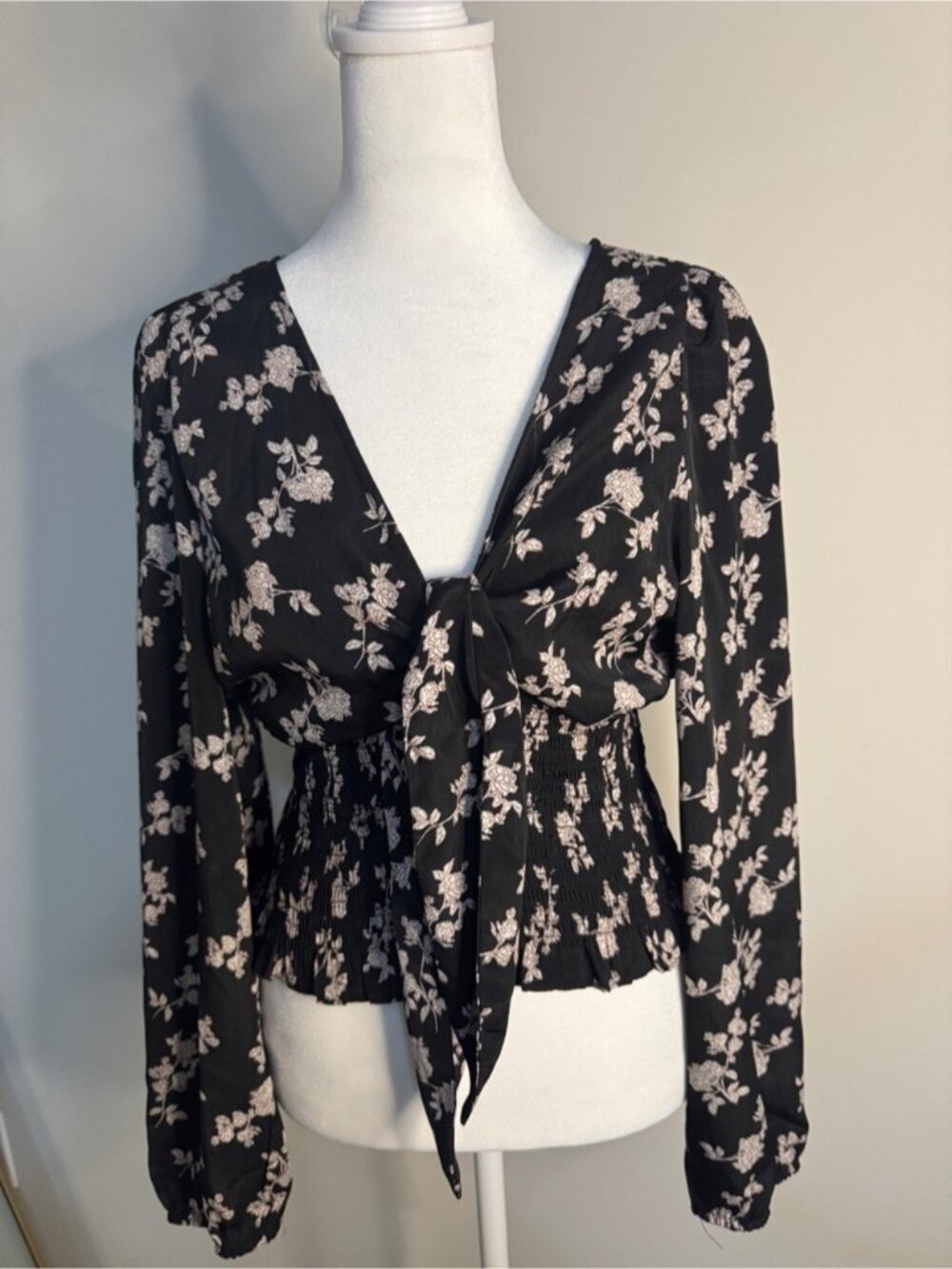Black Floral Tie-Front Blouse with Ivory Print